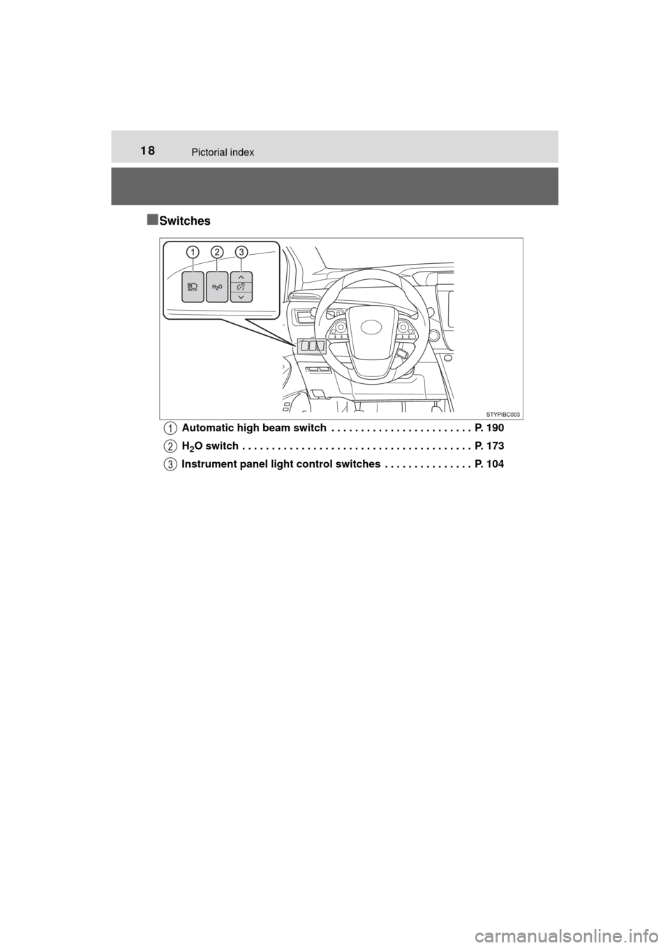 TOYOTA MIRAI 2017 1.G Owners Manual 18Pictorial index
MIRAI_OM_USA_OM62023U
■Switches
Automatic high beam switch  . . . . . . . . . . . . . . . . . . . . . . . .  P. 190
H
2O switch  . . . . . . . . . . . . . . . . . . . . . . . . . .