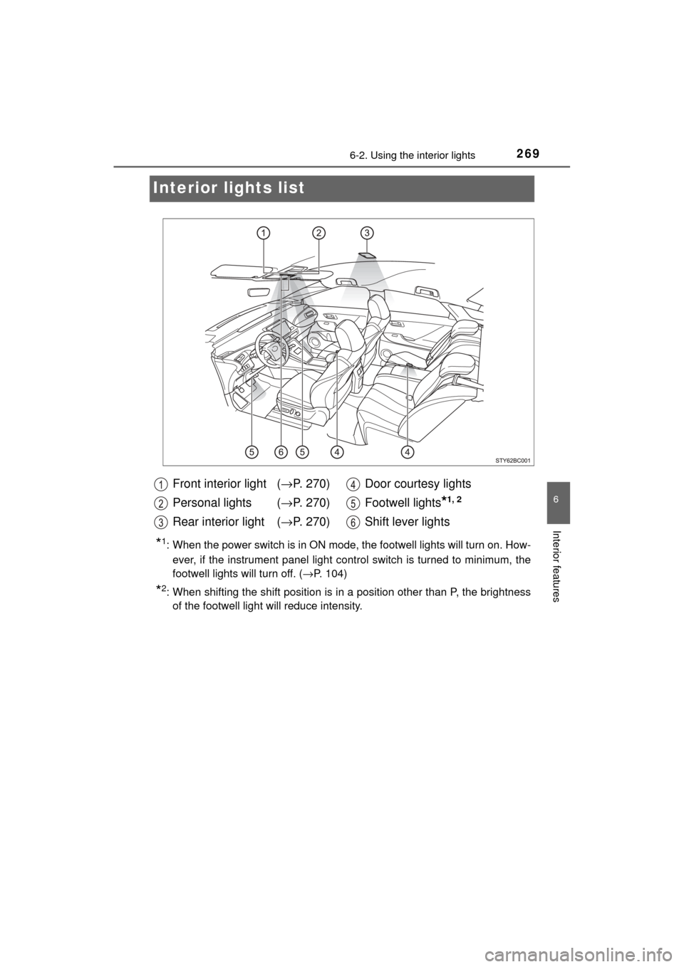 TOYOTA MIRAI 2017 1.G Owners Manual 2696-2. Using the interior lights
6
Interior features
MIRAI_OM_USA_OM62023U
Interior lights list
*1: When the power switch is in ON mode, the footwell lights will turn on. How-
ever, if the instrument