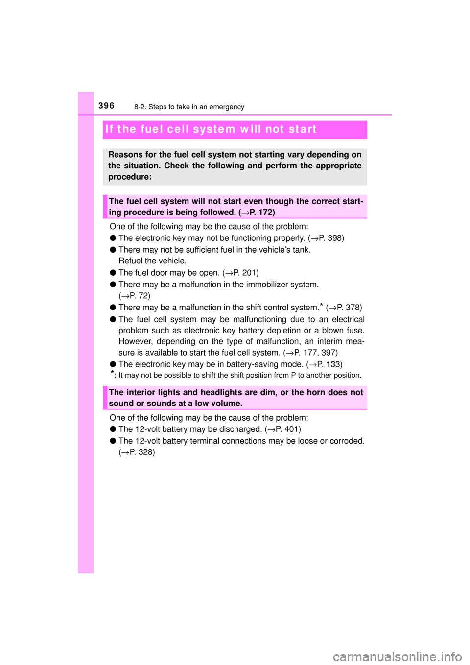 TOYOTA MIRAI 2017 1.G Owners Manual 3968-2. Steps to take in an emergency
MIRAI_OM_USA_OM62023U
If the fuel cell system will not start
One of the following may be the cause of the problem:
●The electronic key may not be functioning pr