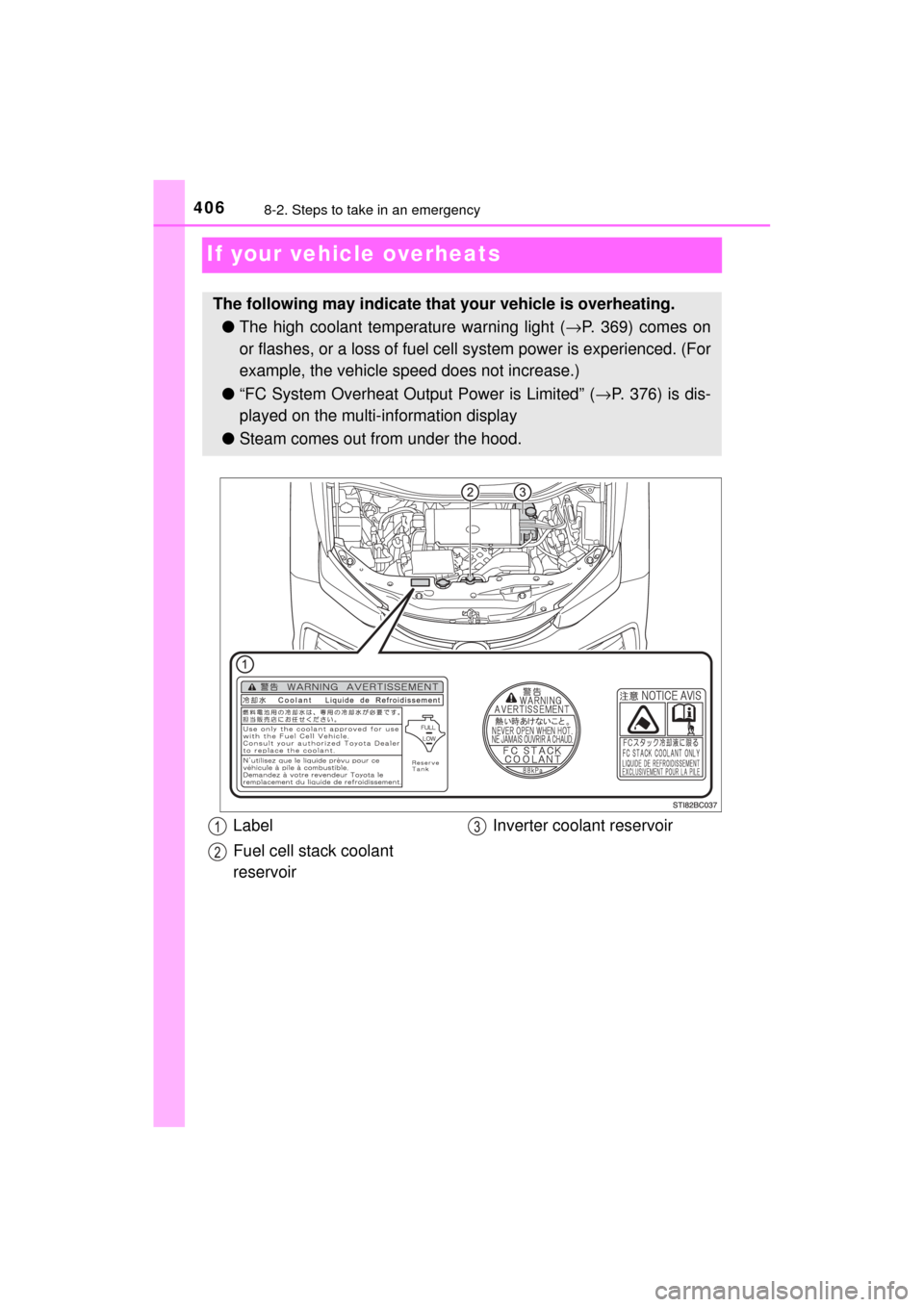 TOYOTA MIRAI 2017 1.G Owners Manual 4068-2. Steps to take in an emergency
MIRAI_OM_USA_OM62023U
If your vehicle overheats
The following may indicate that your vehicle is overheating.
● The high coolant temperature warning light ( →P