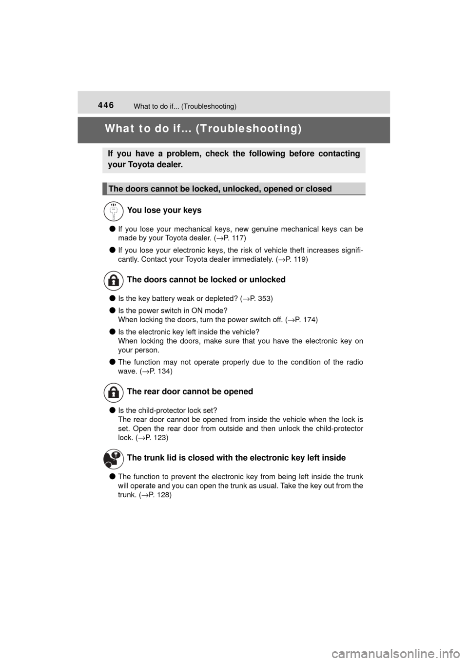 TOYOTA MIRAI 2017 1.G Owners Manual 446What to do if... (Troubleshooting)
MIRAI_OM_USA_OM62023U
What to do if... (Troubleshooting)
●If you lose your mechanical keys, new genuine mechanical keys can be
made by your Toyota dealer. ( →