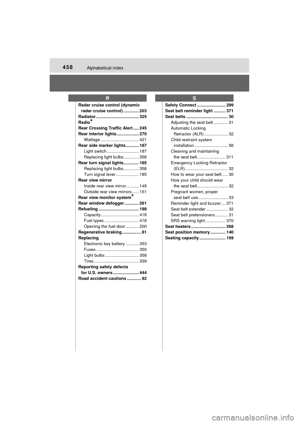 TOYOTA MIRAI 2017 1.G Owners Manual 458Alphabetical index
MIRAI_OM_USA_OM62023U
Radar cruise control (dynamic radar cruise control) ............. 203
Radiator .................................... 325
Radio
*
Rear Crossing Traffic Alert TOYOTA MIRAI 2017 1.G Owners Manual 458Alphabetical index
MIRAI_OM_USA_OM62023U
Radar cruise control (dynamic radar cruise control) ............. 203
Radiator .................................... 325
Radio
*
Rear Crossing Traffic Alert