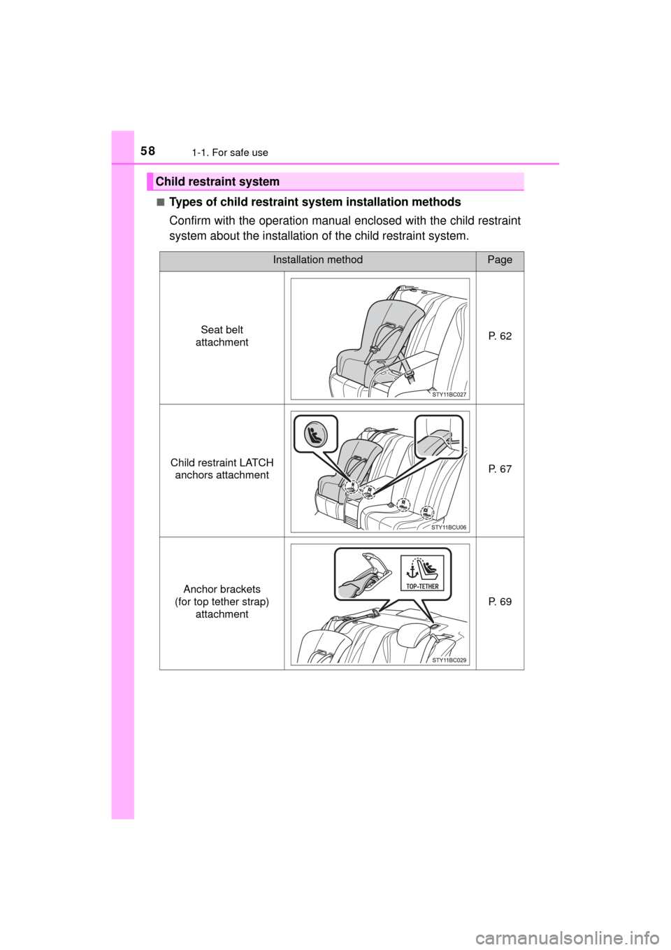 TOYOTA MIRAI 2017 1.G Owners Manual 581-1. For safe use
MIRAI_OM_USA_OM62023U■
Types of child restraint sy
stem installation methods
Confirm with the operation manual enclosed with the child restraint
system about the installation  of