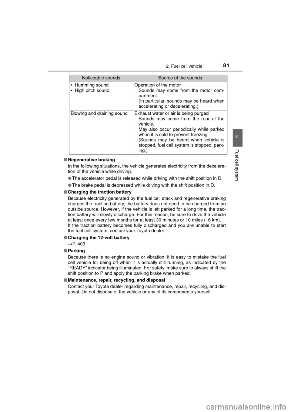 TOYOTA MIRAI 2017 1.G Owners Manual 812. Fuel cell vehicle
2
Fuel cell system
MIRAI_OM_USA_OM62023U■
Regenerative braking
In the following situations, the vehicle generates electricity from the decelera-
tion of the vehicle while driv TOYOTA MIRAI 2017 1.G Owners Manual 812. Fuel cell vehicle
2
Fuel cell system
MIRAI_OM_USA_OM62023U■
Regenerative braking
In the following situations, the vehicle generates electricity from the decelera-
tion of the vehicle while driv