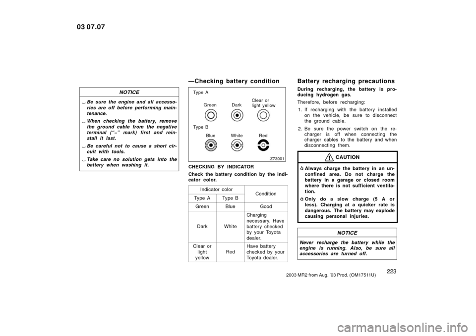 TOYOTA MR2 SPYDER 2003 W30 / 3.G Owners Manual 2232003 MR2 from Aug. ’03 Prod. (OM17511U)
NOTICE
Be sure the engine and all accesso-
ries are off before performing main-
tenance.
 When checking the battery, remove
the ground cable from the neg