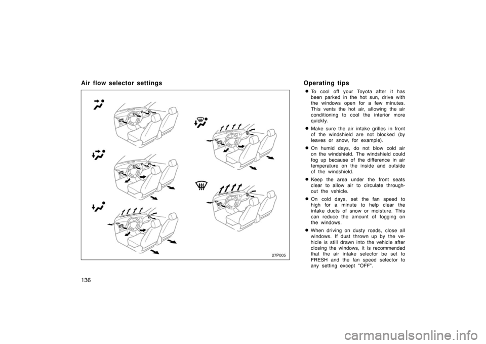 TOYOTA PRIUS 2002 1.G Owners Manual 136
Air flow selector settingsOperating tips
To cool off your Toyota after it has
been parked in the hot sun, drive with
the windows open for a few minutes.
This vents the hot air, allowing the air
c TOYOTA PRIUS 2002 1.G Owners Manual 136
Air flow selector settingsOperating tips
To cool off your Toyota after it has
been parked in the hot sun, drive with
the windows open for a few minutes.
This vents the hot air, allowing the air
c