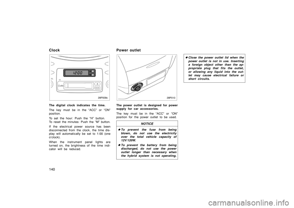 TOYOTA PRIUS 2002 1.G Owners Manual 140
Clock
28p009c
The digital clock indicates the time.
The key must be in the “ACC” or “ON”
position.
To set the hour: Push the “H” button.
To reset the minutes: Push the “M” button. TOYOTA PRIUS 2002 1.G Owners Manual 140
Clock
28p009c
The digital clock indicates the time.
The key must be in the “ACC” or “ON”
position.
To set the hour: Push the “H” button.
To reset the minutes: Push the “M” button.