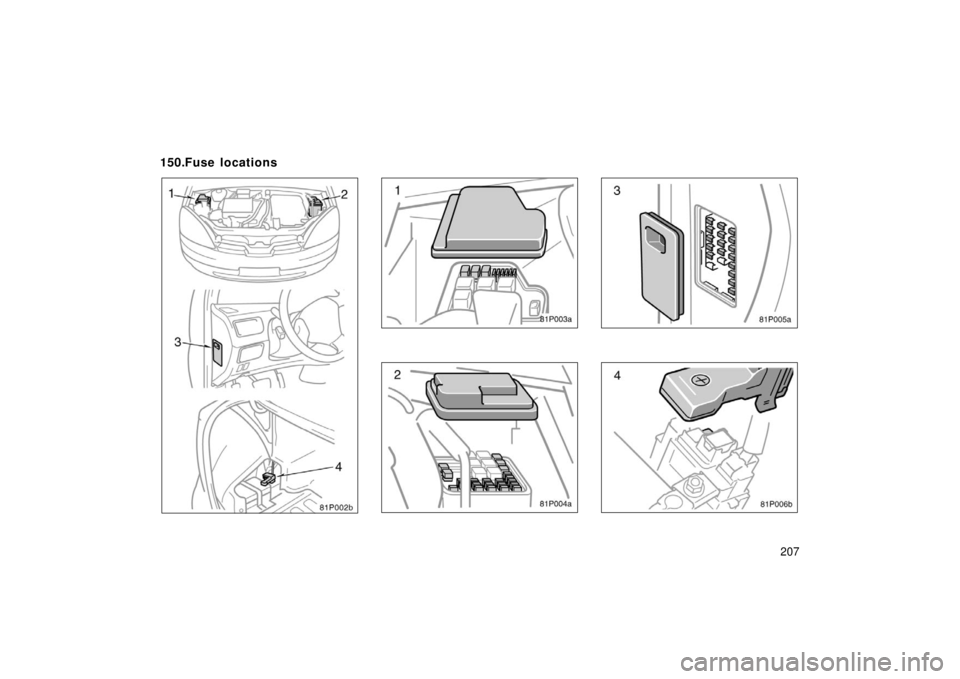 TOYOTA PRIUS 2003 1.G Owners Manual 207
81p002b
81p003a
81p004a
81p005a
81p006b
150.Fuse locations 