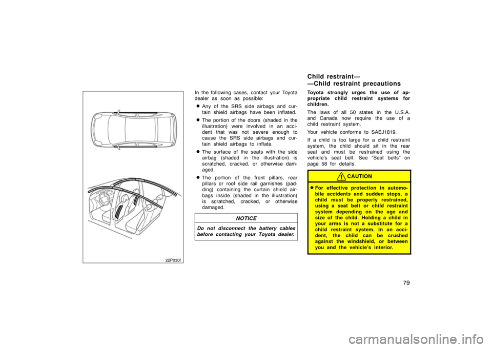 TOYOTA PRIUS 2005 2.G Owners Manual 79
22p030f
In the following cases, contact your Toyota
dealer as soon as possible:
Any of the SRS side airbags and cur-
tain shield airbags have been inflated.
The portion of the doors (shaded in t TOYOTA PRIUS 2005 2.G Owners Manual 79
22p030f
In the following cases, contact your Toyota
dealer as soon as possible:
Any of the SRS side airbags and cur-
tain shield airbags have been inflated.
The portion of the doors (shaded in t