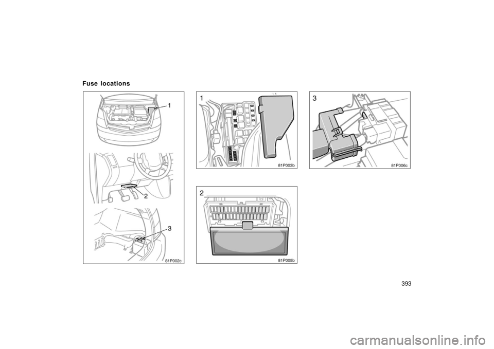 TOYOTA PRIUS 2006 2.G Owners Manual 393
81p002c
81p003b
81p005b
81p006c
Fuse locations 