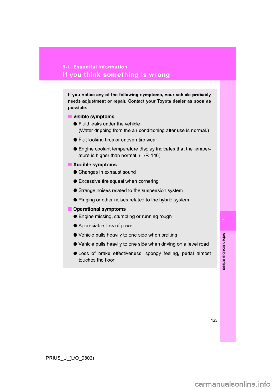 TOYOTA PRIUS 2008 2.G Owners Manual 5
When trouble arises
423
5-1. Essential information
PRIUS_U_(L/O_0802)
If you think something is wrong
If you notice any of the following symptoms, your vehicle probably
needs adjustment or repair. C