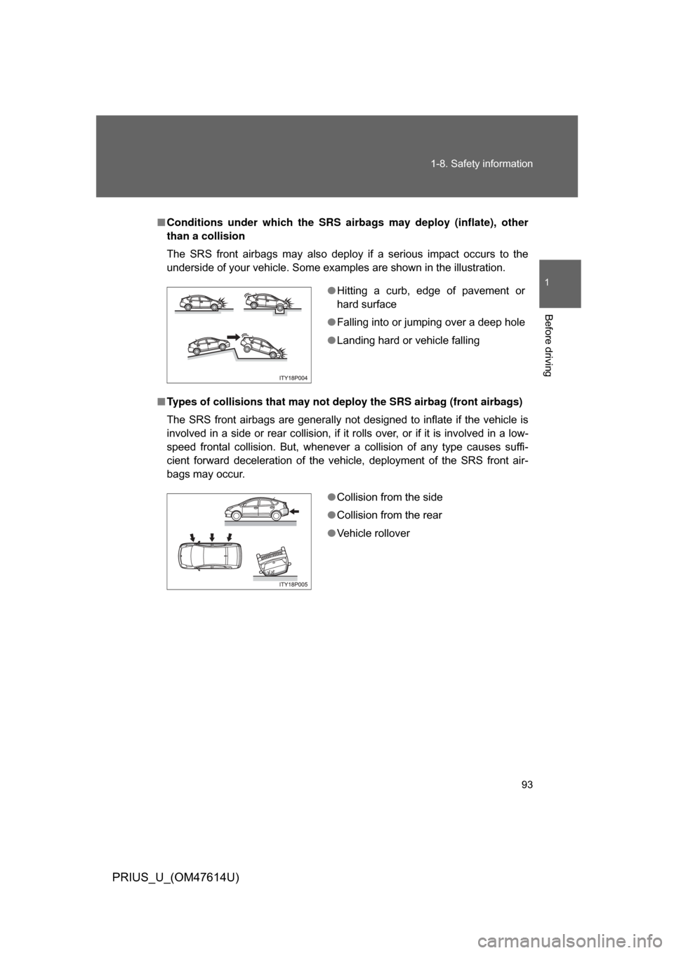 TOYOTA PRIUS 2009 2.G Owners Manual 93
1-8. Safety information
1
Before driving
PRIUS_U_(OM47614U)
■
Conditions under which the SRS airbags may deploy (inflate), other
than a collision
The  SRS  front  airbags  may  also  deploy  if  