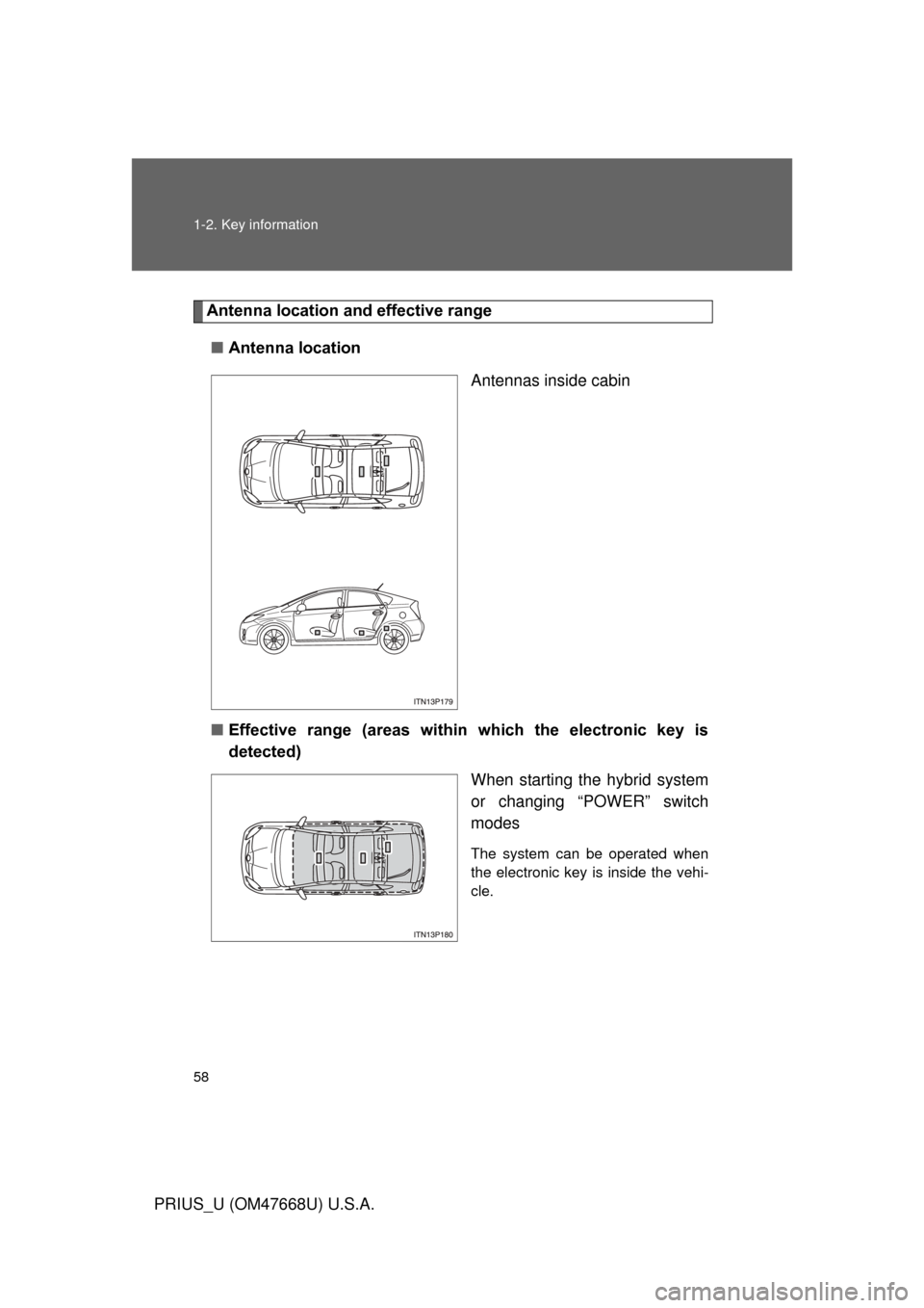 TOYOTA PRIUS 2010 3.G Owners Manual 58 1-2. Key information
PRIUS_U (OM47668U) U.S.A.
Antenna location and effective range
■ Antenna location
Antennas inside cabin
■ Effective  range  (areas  within  which  the  electronic  key  is 