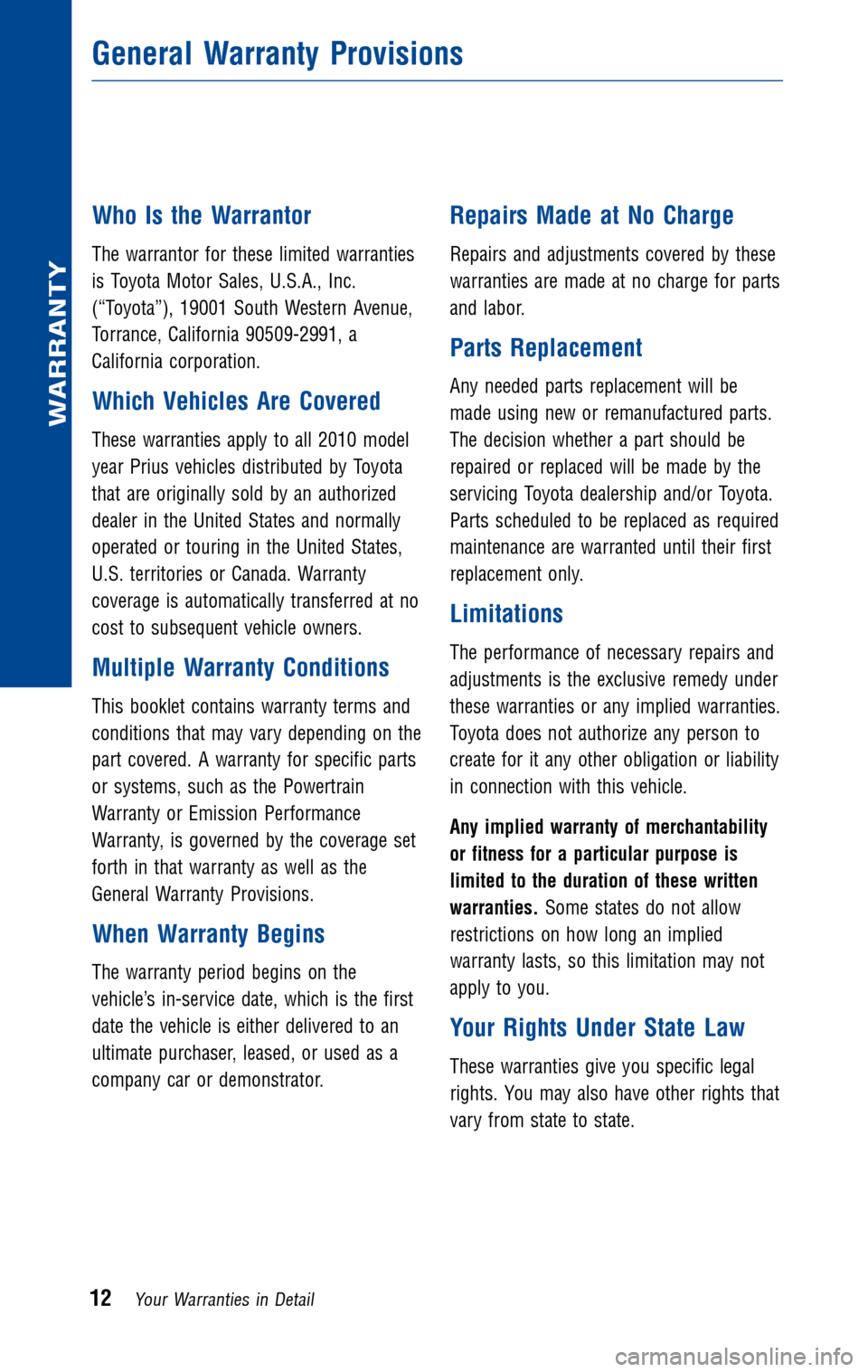 TOYOTA PRIUS 2010 3.G Warranty And Maintenance Guide 