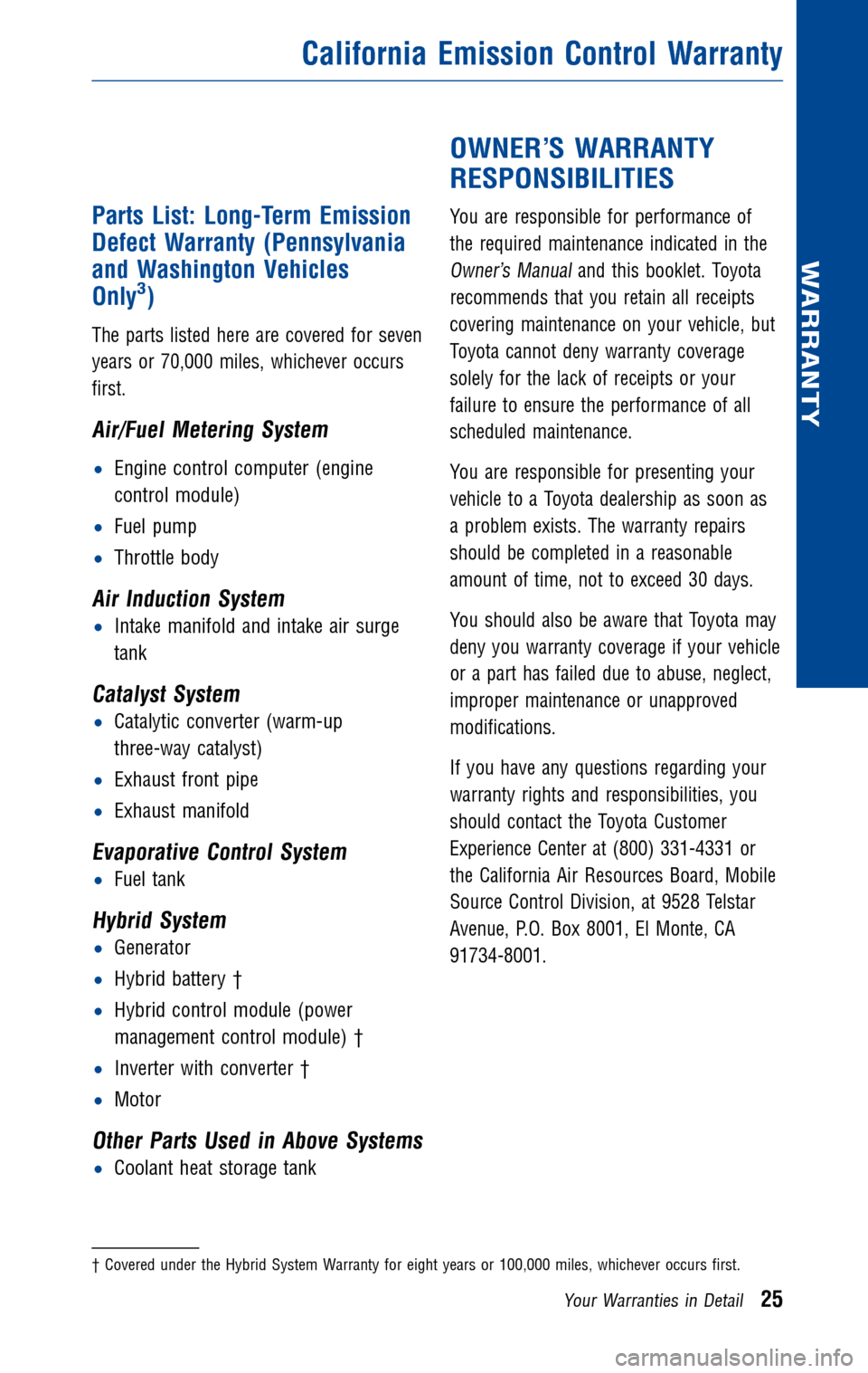 TOYOTA PRIUS 2010 3.G Warranty And Maintenance Guide 