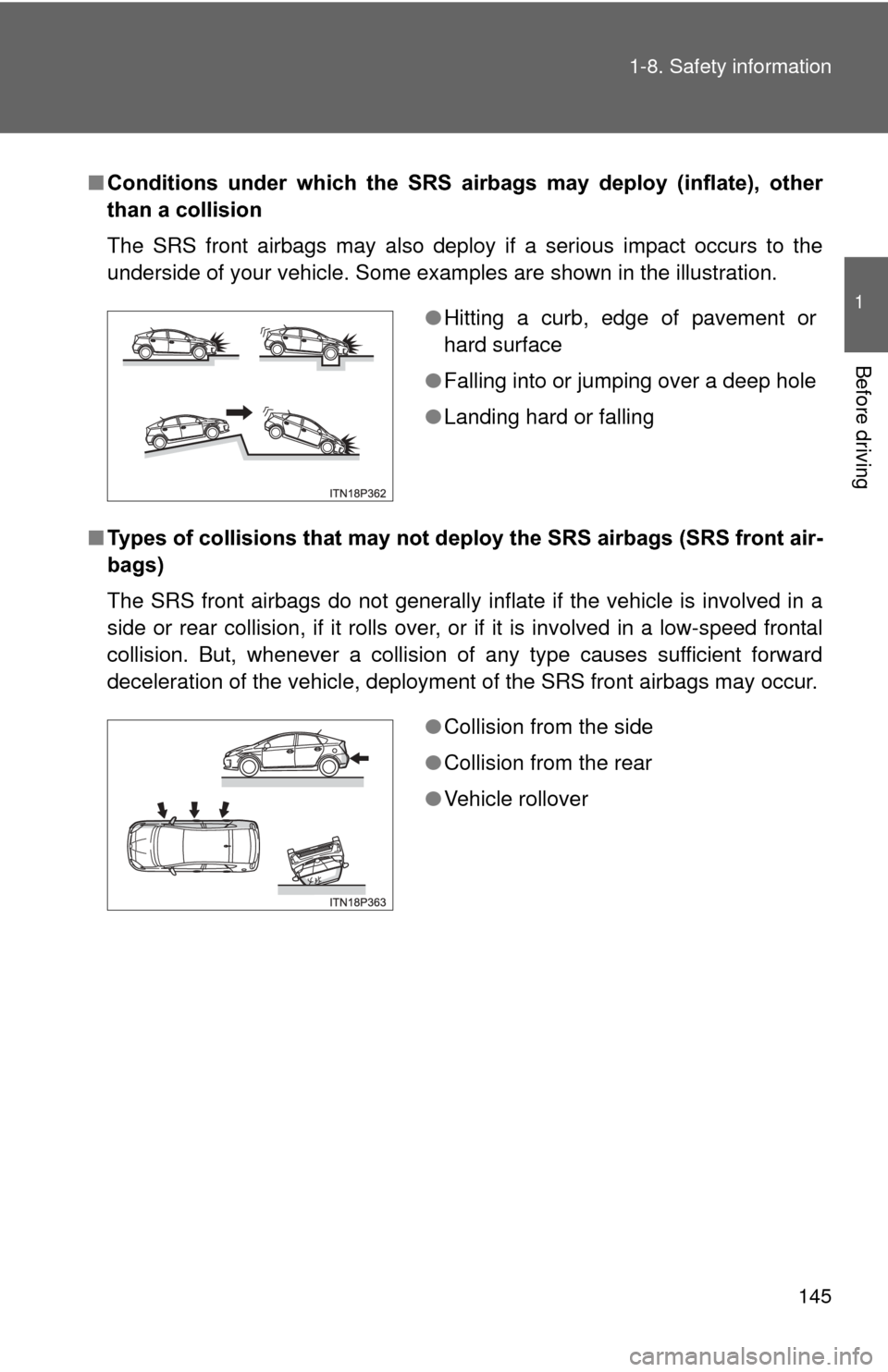TOYOTA PRIUS 2012 3.G Owners Manual 145
1-8. Safety information
1
Before driving
■
Conditions  under  which  the  SRS  airbags  may  deploy  (inflate),  other
than a collision
The SRS front airbags may also deploy if a serious impact 
