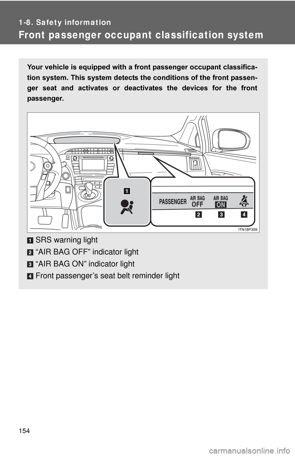 TOYOTA PRIUS 2012 3.G Owners Manual 154
1-8. Safety information
Front passenger occupant classification system
Your vehicle is equipped with a front passenger occupant classifica-
tion system. This system detects the conditions of the f