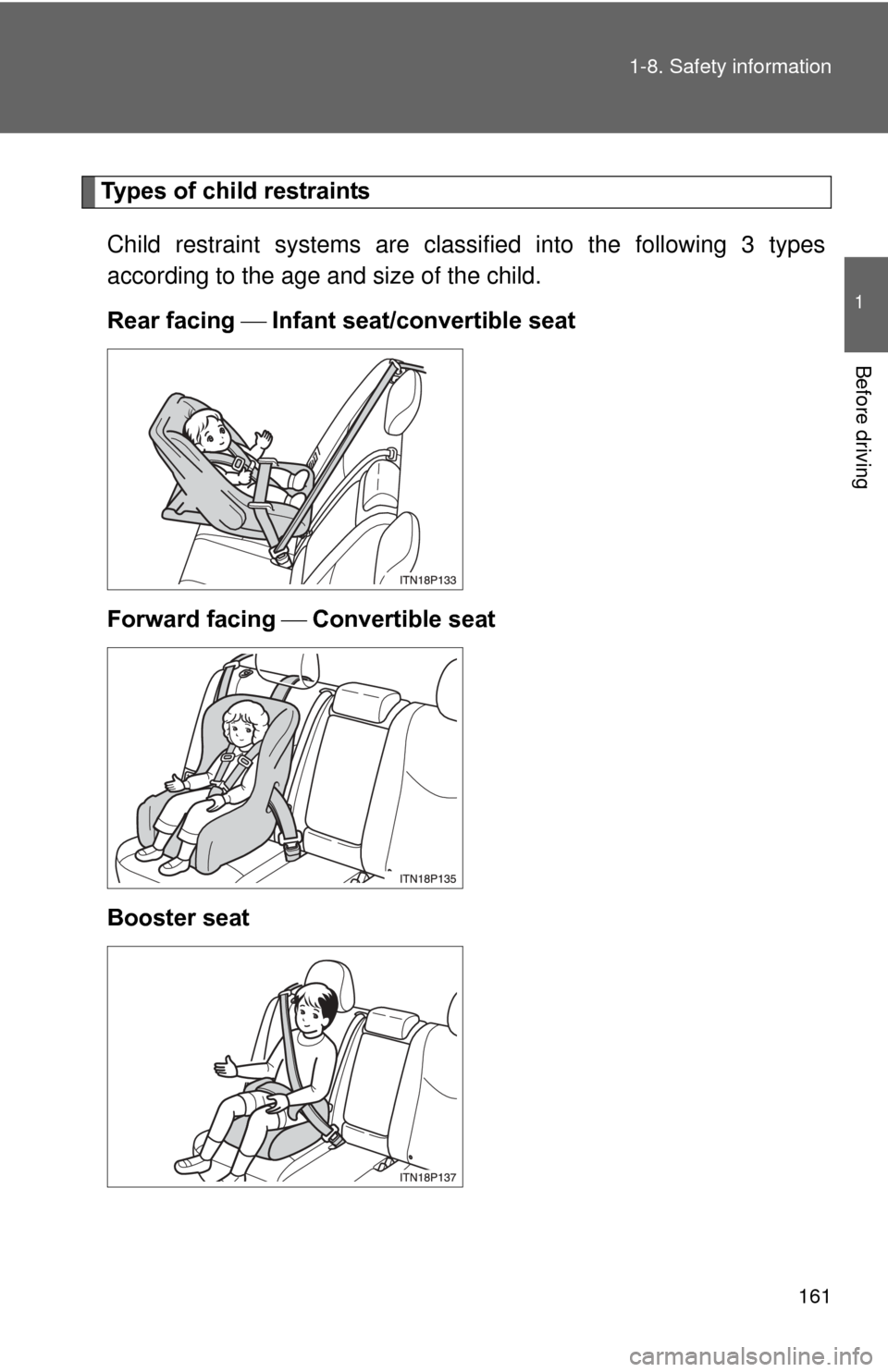 TOYOTA PRIUS 2012 3.G Owners Manual 161
1-8. Safety information
1
Before driving
Types of child restraints
Child restraint systems are classi fied into the following 3 types
according to the age and size of the child. 
Rear facing   