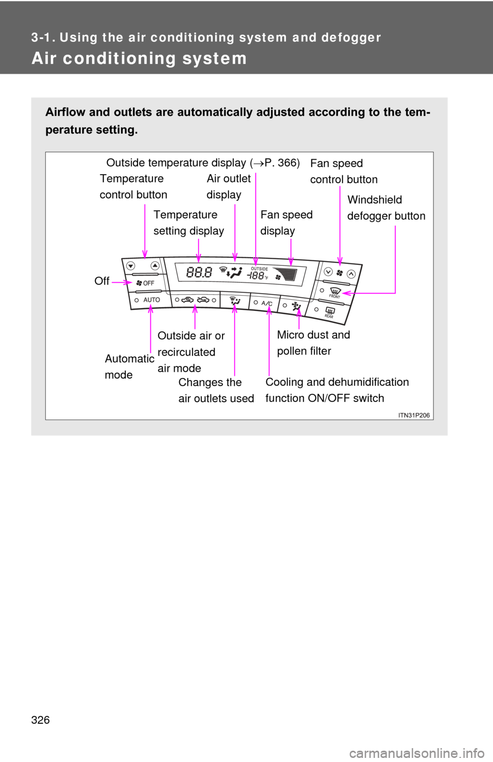 TOYOTA PRIUS 2012 3.G Owners Manual 326
3-1. Using the air conditioning system and defogger
Air conditioning system
Airflow and outlets are automatically adjusted according to the tem-
perature setting.
Temperature 
control button
Tempe