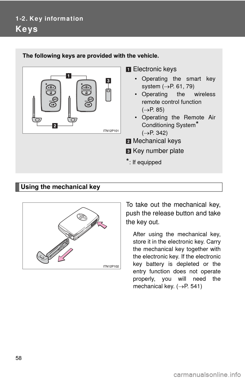 TOYOTA PRIUS 2012 3.G Owners Manual 58
1-2. Key information
Keys
Using the mechanical keyTo take out the mechanical key,
push the release button and take
the key out.
After using the mechanical key,
store it in the electronic key. Carry