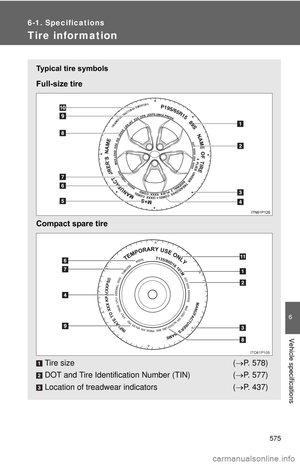 TOYOTA PRIUS 2012 3.G Owners Manual 575
6-1. Specifications
6
Vehicle specifications
Tire infor mation
Typical tire symbols
Full-size tire
Compact spare tireTire size ( P. 578)
DOT and Tire Identification Number (TIN) ( P. 577)
Lo