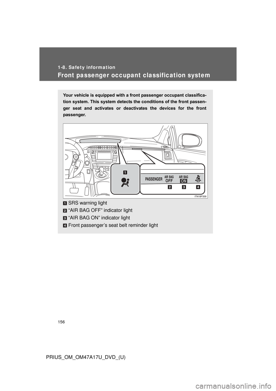 TOYOTA PRIUS 2015 4.G Owners Manual 156
1-8. Safety information
PRIUS_OM_OM47A17U_DVD_(U)
Front passenger occupant classification system
Your vehicle is equipped with a front passenger occupant classifica-
tion system. This system detec