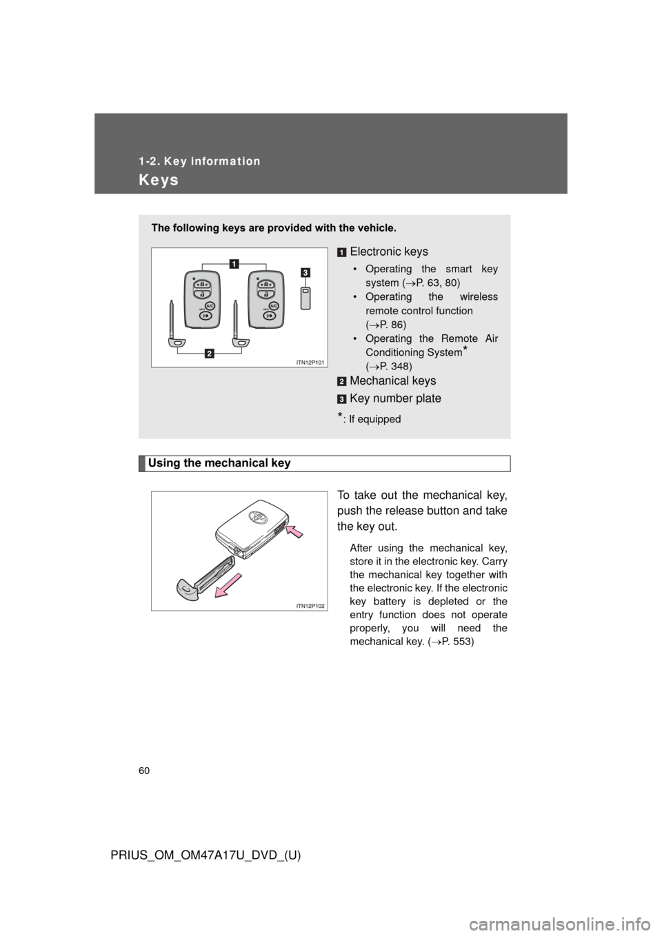TOYOTA PRIUS 2015 4.G Owners Manual 60
PRIUS_OM_OM47A17U_DVD_(U)
1-2. Key information
Keys
Using the mechanical keyTo take out the mechanical key,
push the release button and take
the key out.
After using the mechanical key,
store it in
