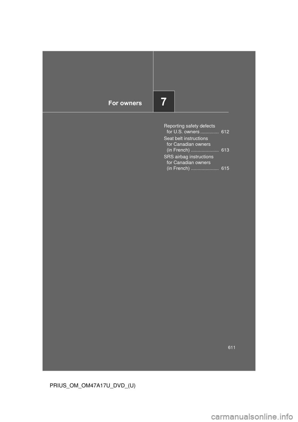 TOYOTA PRIUS 2015 4.G Owners Manual For owners7
611
PRIUS_OM_OM47A17U_DVD_(U)
Reporting safety defects for U.S. owners ..............  612
Seat belt instructions  for Canadian owners 
(in French) .....................  613
SRS airbag in
