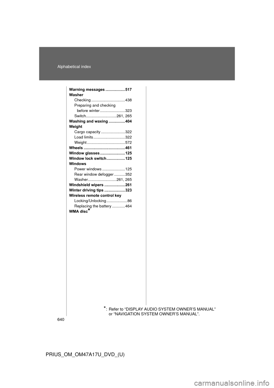 TOYOTA PRIUS 2015 4.G Owners Manual 640 Alphabetical index
PRIUS_OM_OM47A17U_DVD_(U)
Warning messages .................. 517
WasherChecking ............................... 438
Preparing and checking 
before winter ......................