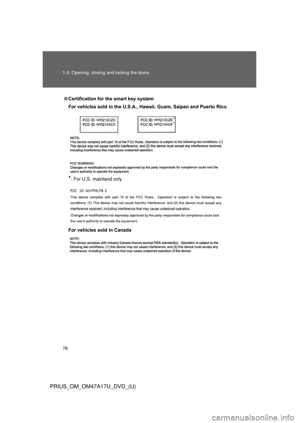 TOYOTA PRIUS 2015 4.G Owners Manual 78 1-3. Opening, closing and locking the doors
PRIUS_OM_OM47A17U_DVD_(U)
■Certification for the smart key system
For vehicles sold in the U.S.A., Ha waii, Guam, Saipan and Puerto Rico
*: For U.S. ma
