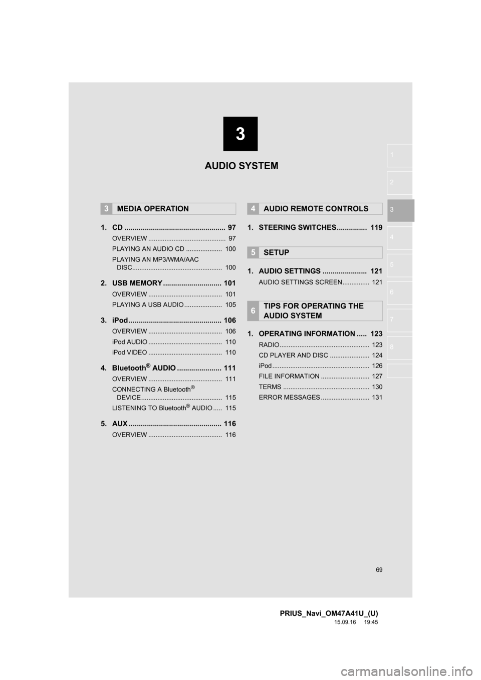 TOYOTA PRIUS 2016 4.G Navigation Manual 3
69
PRIUS_Navi_OM47A41U_(U)
15.09.16 19:45
1
2
3
4
5
6
7
8
1. CD .................................................. 97
OVERVIEW ........................................... 97
PLAYING AN AUDIO CD TOYOTA PRIUS 2016 4.G Navigation Manual 3
69
PRIUS_Navi_OM47A41U_(U)
15.09.16 19:45
1
2
3
4
5
6
7
8
1. CD .................................................. 97
OVERVIEW ........................................... 97
PLAYING AN AUDIO CD