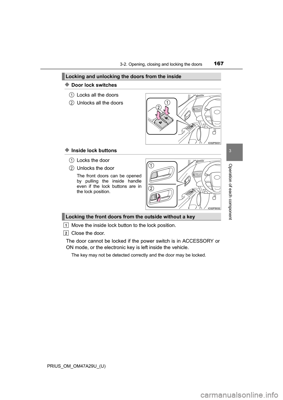 TOYOTA PRIUS 2016 4.G Owners Manual PRIUS_OM_OM47A29U_(U)
1673-2. Opening, closing and locking the doors
3
Operation of each component
◆Door lock switchesLocks all the doors
Unlocks all the doors
◆Inside lock buttonsLocks the door
U