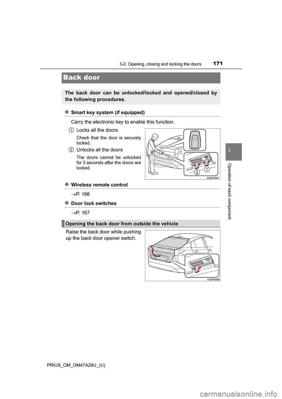 TOYOTA PRIUS 2016 4.G Owners Manual 171
PRIUS_OM_OM47A29U_(U)
3-2. Opening, closing and locking the doors
3
Operation of each component
Back door
◆Smart key system (if equipped)
Carry the electronic key to enable this function.Locks a