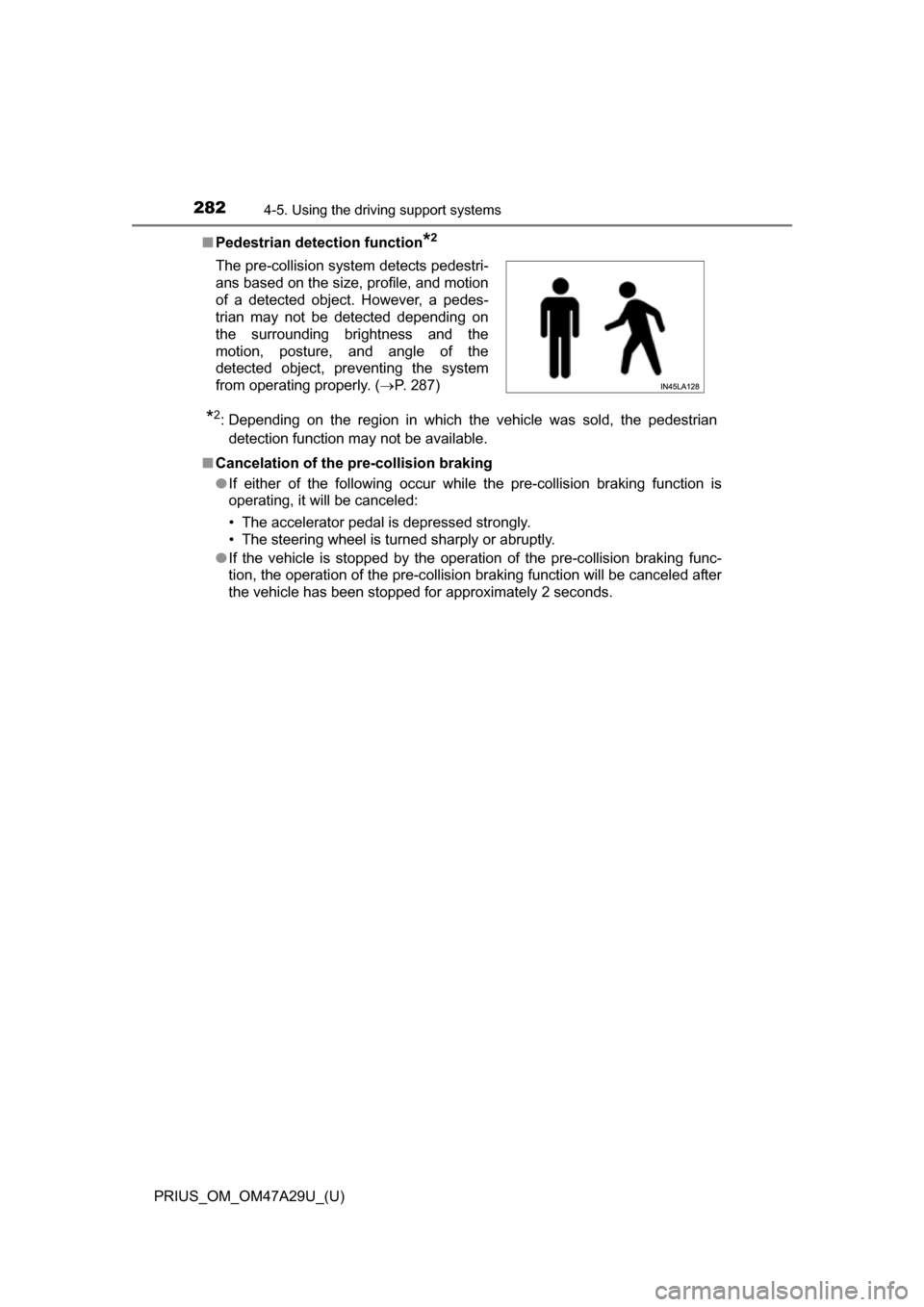 TOYOTA PRIUS 2016 4.G Owners Manual 282
PRIUS_OM_OM47A29U_(U)
4-5. Using the driving support systems
■Pedestrian detection function*2
*2: Depending on the region in which the vehicle was sold, the pedestrian
detection function may not