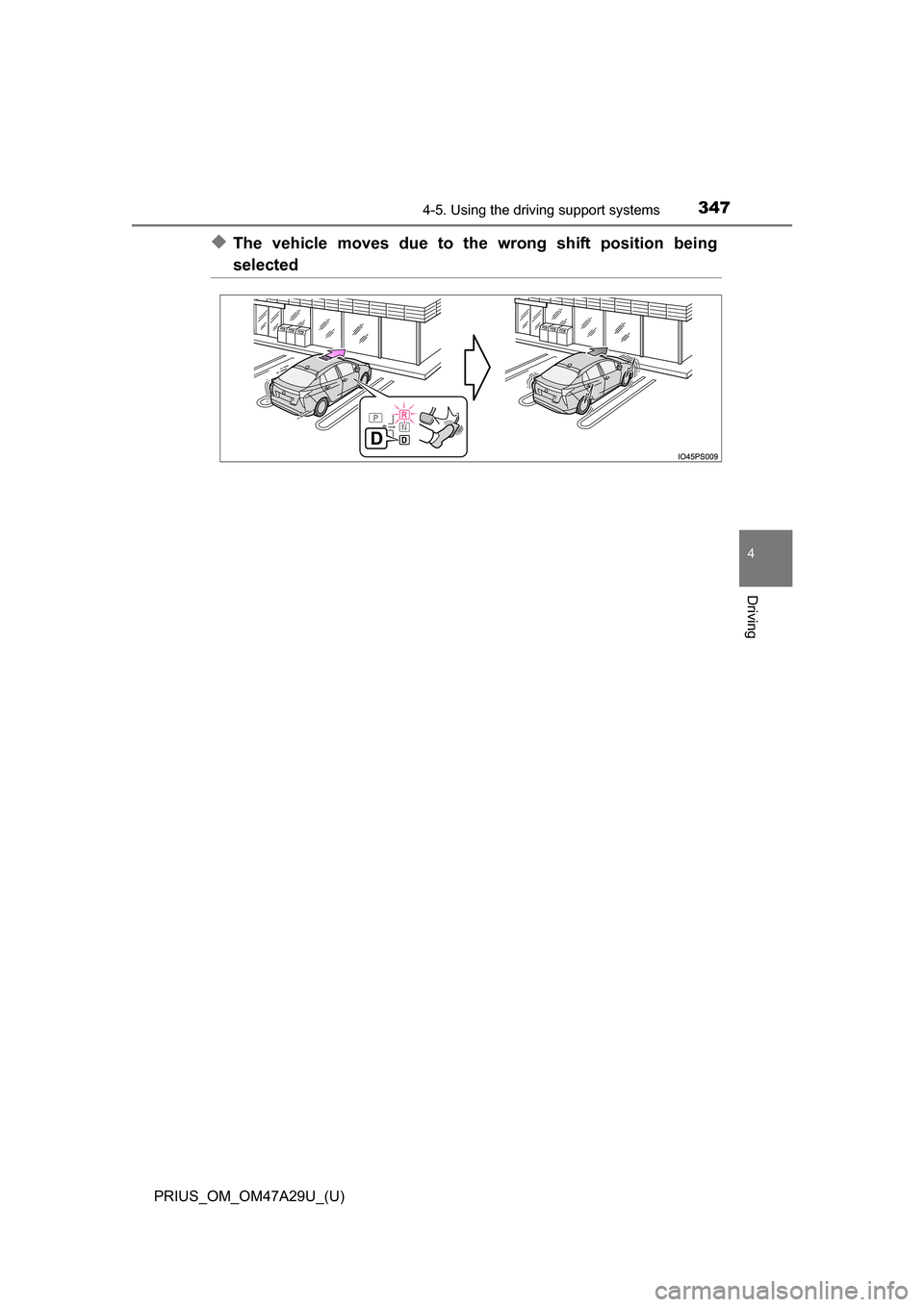 TOYOTA PRIUS 2016 4.G Owners Manual PRIUS_OM_OM47A29U_(U)
3474-5. Using the driving support systems
4
Driving
◆The vehicle moves due to the wrong shift position being
selected 
