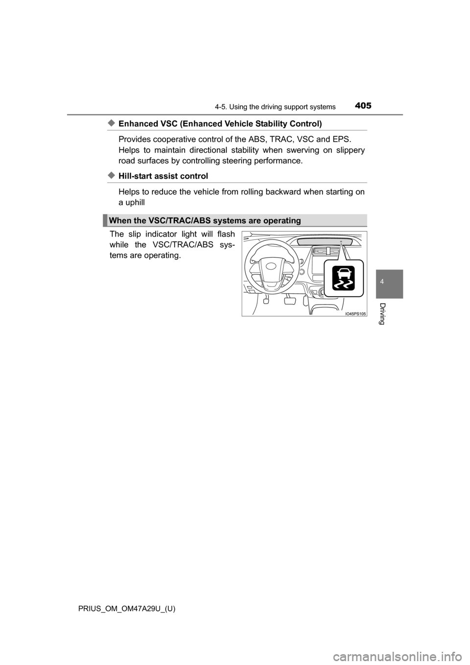 TOYOTA PRIUS 2016 4.G Owners Manual PRIUS_OM_OM47A29U_(U)
4054-5. Using the driving support systems
4
Driving
◆Enhanced VSC (Enhanced Ve hicle Stability Control)
Provides cooperative control of the ABS, TRAC, VSC and EPS.
Helps to mai