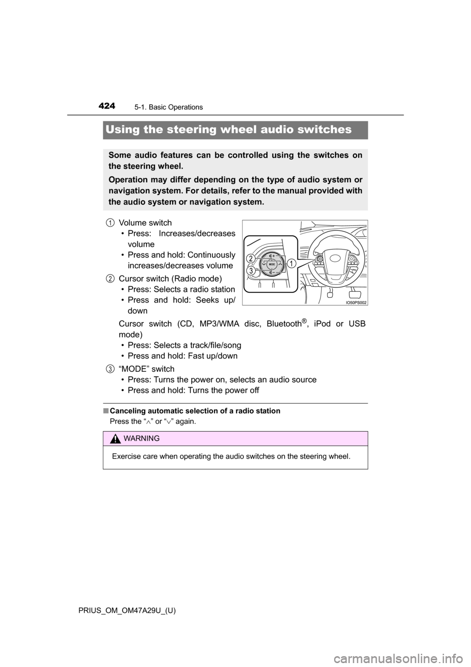 TOYOTA PRIUS 2016 4.G Owners Manual 424
PRIUS_OM_OM47A29U_(U)
5-1. Basic Operations
Using the steering wheel audio switches
Vo l u m e  s w i t c h• Press: Increases/decreases volume
• Press and hold: Continuously increases/decrease