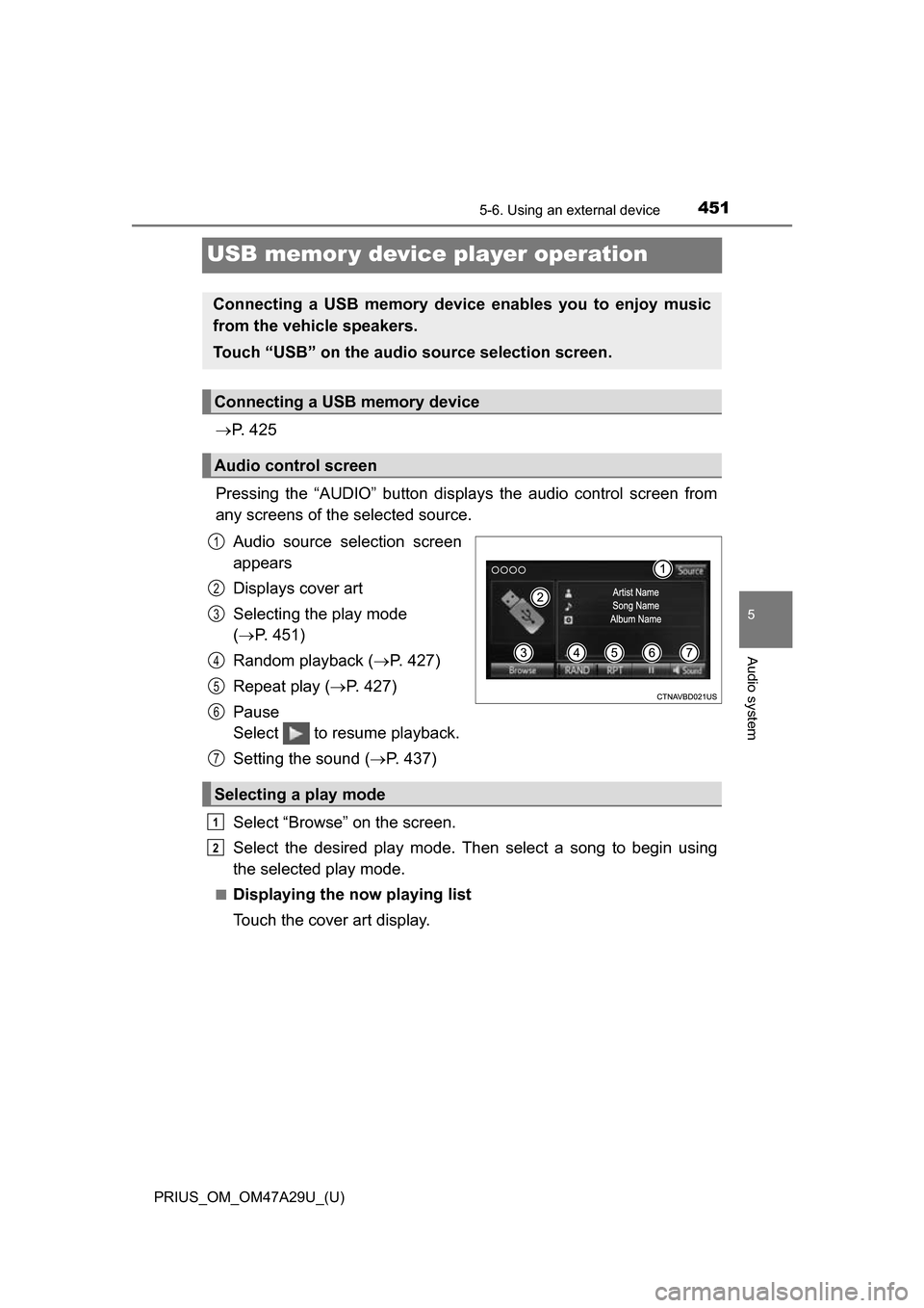 TOYOTA PRIUS 2016 4.G Owners Manual 451
PRIUS_OM_OM47A29U_(U)
5-6. Using an external device
5
Audio system
USB memor y device player operation
P.  4 2 5
Pressing the “AUDIO” button disp lays the audio control screen from
any scre