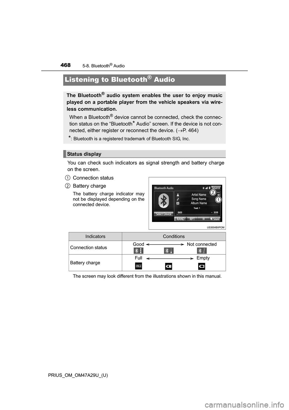 TOYOTA PRIUS 2016 4.G Owners Manual 468
PRIUS_OM_OM47A29U_(U)
5-8. Bluetooth® Audio
Listening to Bluetooth® Audio
You can check such indicators as signal strength and battery charge
on the screen.
Connection status
Battery charge
The 