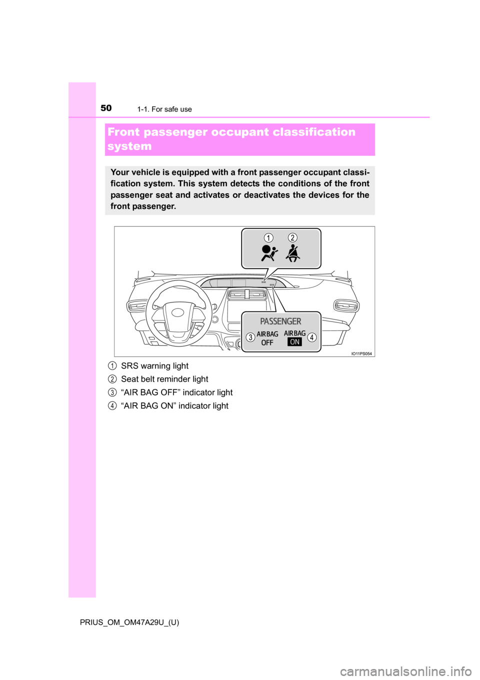 TOYOTA PRIUS 2016 4.G Owners Manual 501-1. For safe use
PRIUS_OM_OM47A29U_(U)
Front passenger occupant classification 
system
SRS warning light
Seat belt reminder light
“AIR BAG OFF” indicator light
“AIR BAG ON” indicator light
