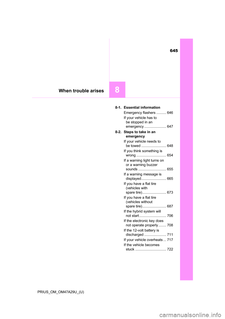 TOYOTA PRIUS 2016 4.G Owners Manual 645
PRIUS_OM_OM47A29U_(U)
8When trouble arises
8-1. Essential informationEmergency flashers .......... 646
If your vehicle has to be stopped in an 
emergency ...................... 647
8-2. Steps to t
