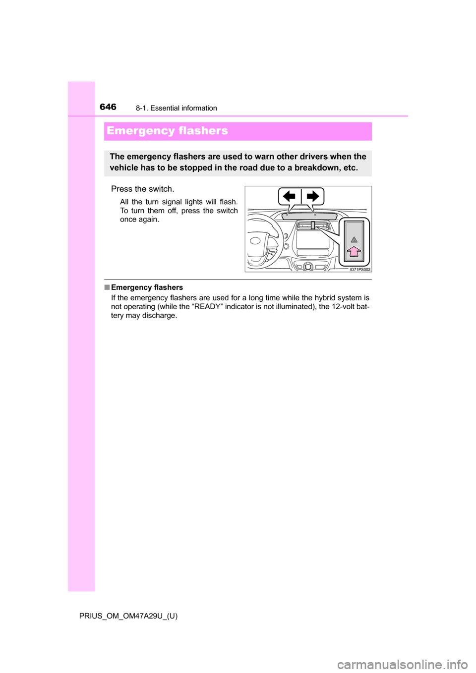 TOYOTA PRIUS 2016 4.G Owners Manual 646
PRIUS_OM_OM47A29U_(U)
8-1. Essential information
Emergency flashers
Press the switch.
All the turn signal lights will flash.
To turn them off, press the switch
once again.
■Emergency flashers
If