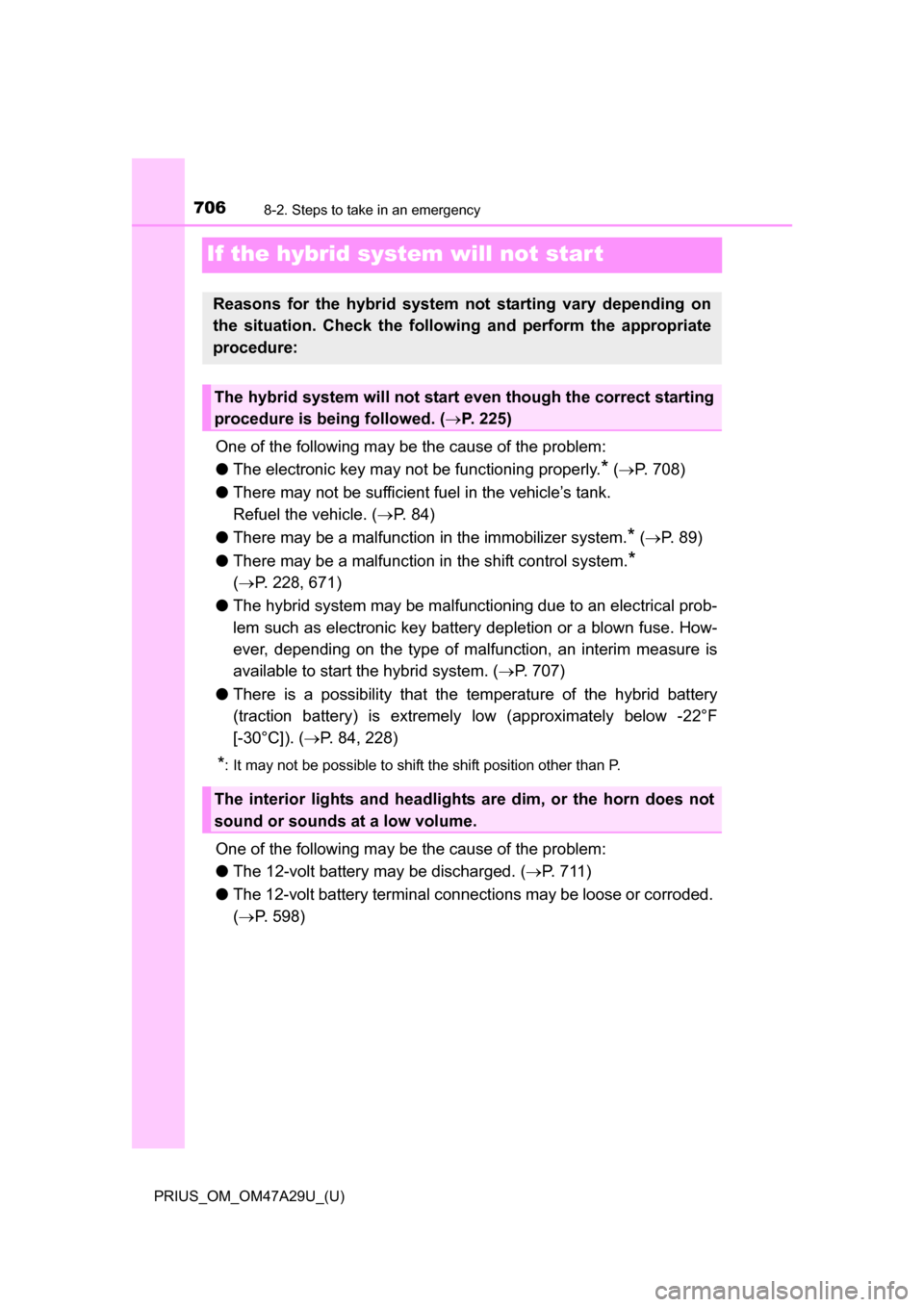 TOYOTA PRIUS 2016 4.G Owners Manual 706
PRIUS_OM_OM47A29U_(U)
8-2. Steps to take in an emergency
If the hybrid system will not star t
One of the following may be the cause of the problem:
●The electronic key may not be functioning pro