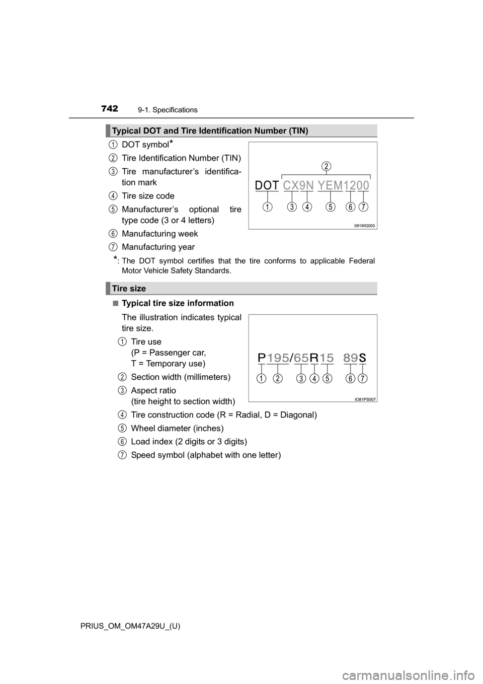 TOYOTA PRIUS 2016 4.G Owners Manual 742
PRIUS_OM_OM47A29U_(U)
9-1. Specifications
DOT symbol*
Tire Identification Number (TIN)
Tire manufacturer’s identifica-
tion mark
Tire size code
Manufacturer’s optional tire
type code (3 or 4 l