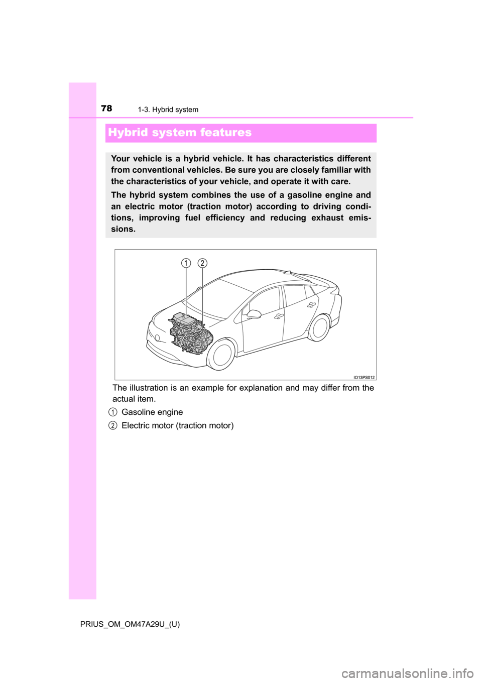 TOYOTA PRIUS 2016 4.G Owners Manual 781-3. Hybrid system
PRIUS_OM_OM47A29U_(U)
Hybrid system features
The illustration is an example for explanation and may differ from the
actual item.Gasoline engine
Electric motor (traction motor)
You