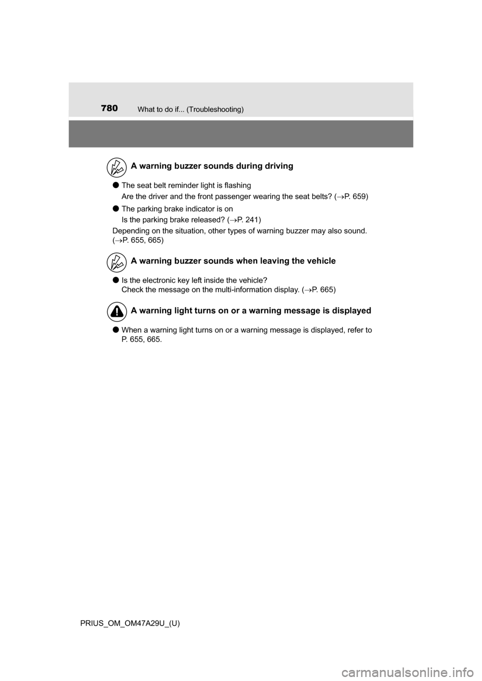 TOYOTA PRIUS 2016 4.G Owners Manual 780What to do if... (Troubleshooting)
PRIUS_OM_OM47A29U_(U)
●The seat belt reminder light is flashing
Are the driver and the front passenger wearing the seat belts? (P. 659)
●The parking brake 