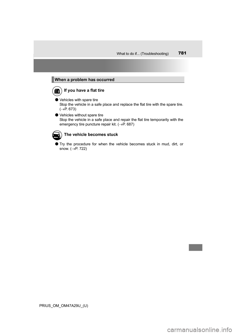 TOYOTA PRIUS 2016 4.G Owners Manual 781What to do if... (Troubleshooting)
PRIUS_OM_OM47A29U_(U)
●Vehicles with spare tire 
Stop the vehicle in a safe place and replace the flat tire with the spare tire.
( P. 673)
●Vehicles withou