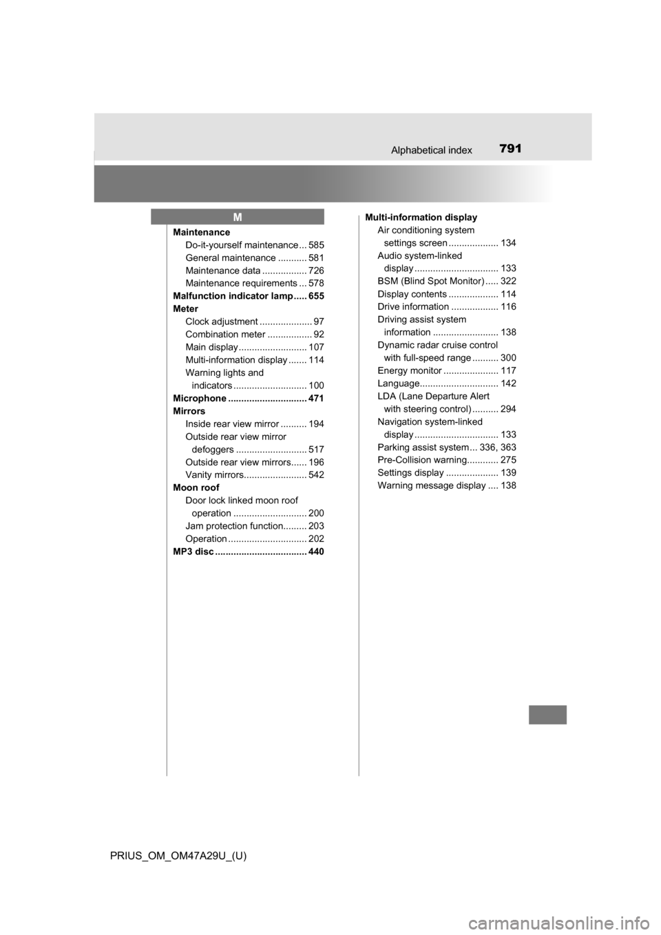 TOYOTA PRIUS 2016 4.G Owners Manual 791Alphabetical index
PRIUS_OM_OM47A29U_(U)
MaintenanceDo-it-yourself maintenance ... 585
General maintenance ........... 581
Maintenance data ................. 726
Maintenance requirements ... 578
Ma TOYOTA PRIUS 2016 4.G Owners Manual 791Alphabetical index
PRIUS_OM_OM47A29U_(U)
MaintenanceDo-it-yourself maintenance ... 585
General maintenance ........... 581
Maintenance data ................. 726
Maintenance requirements ... 578
Ma