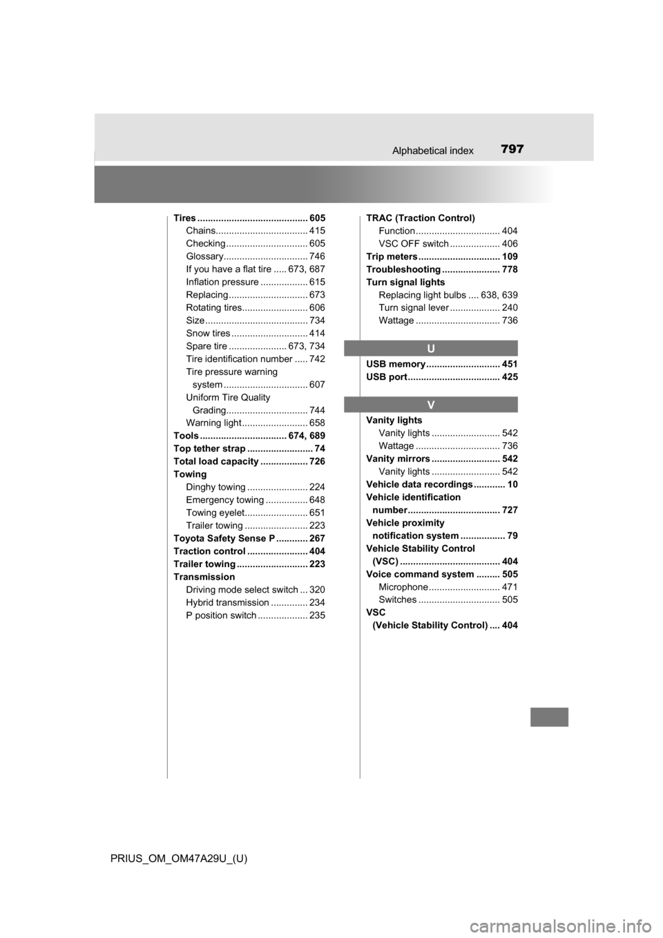 TOYOTA PRIUS 2016 4.G Owners Manual 797Alphabetical index
PRIUS_OM_OM47A29U_(U)
Tires .......................................... 605Chains................................... 415
Checking ............................... 605
Glossary..... TOYOTA PRIUS 2016 4.G Owners Manual 797Alphabetical index
PRIUS_OM_OM47A29U_(U)
Tires .......................................... 605Chains................................... 415
Checking ............................... 605
Glossary.....