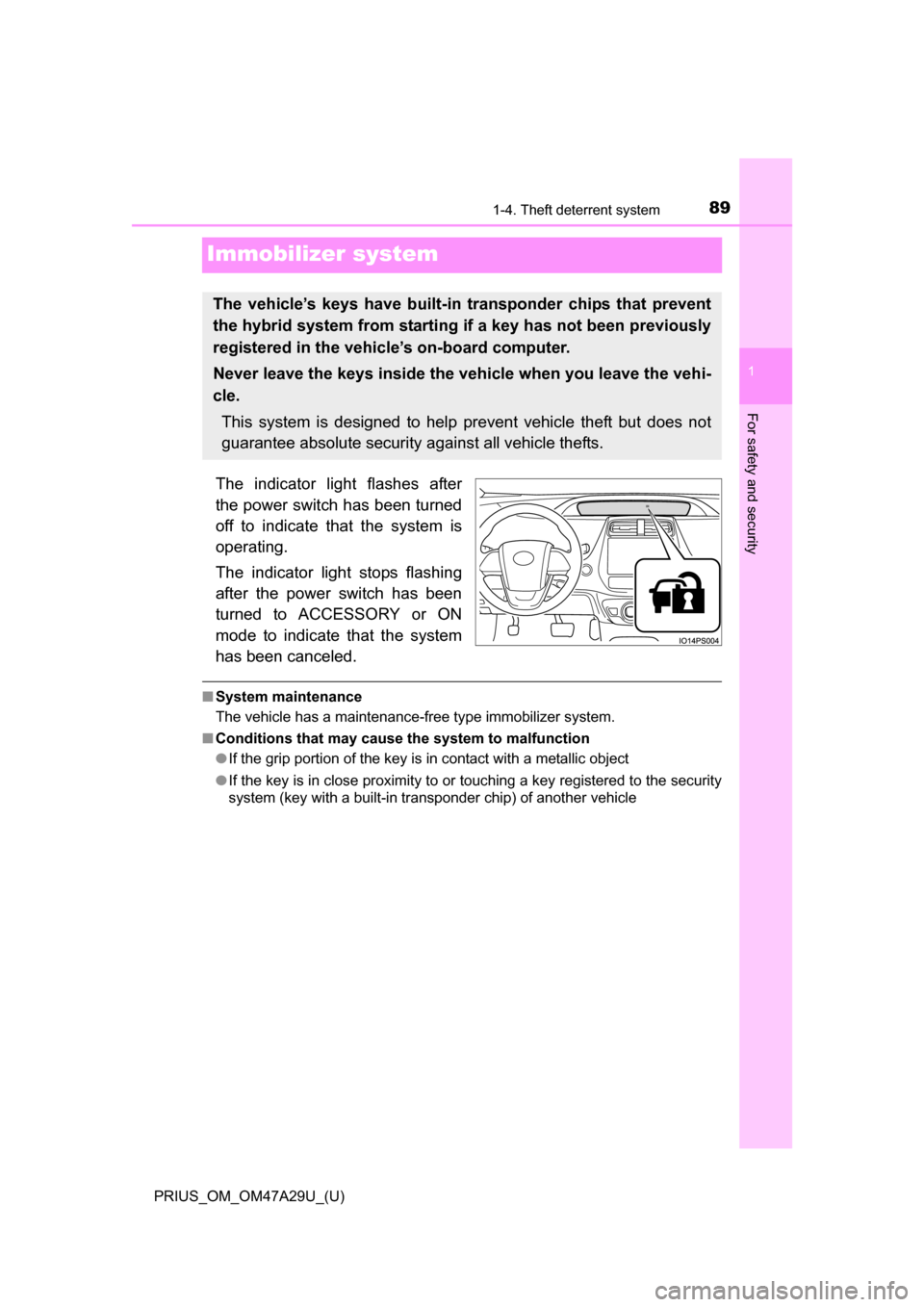 TOYOTA PRIUS 2016 4.G Owners Manual 891-4. Theft deterrent system
PRIUS_OM_OM47A29U_(U)
1
For safety and security
Immobilizer system
The indicator light flashes after
the power switch has been turned
off to indicate that the system is
o